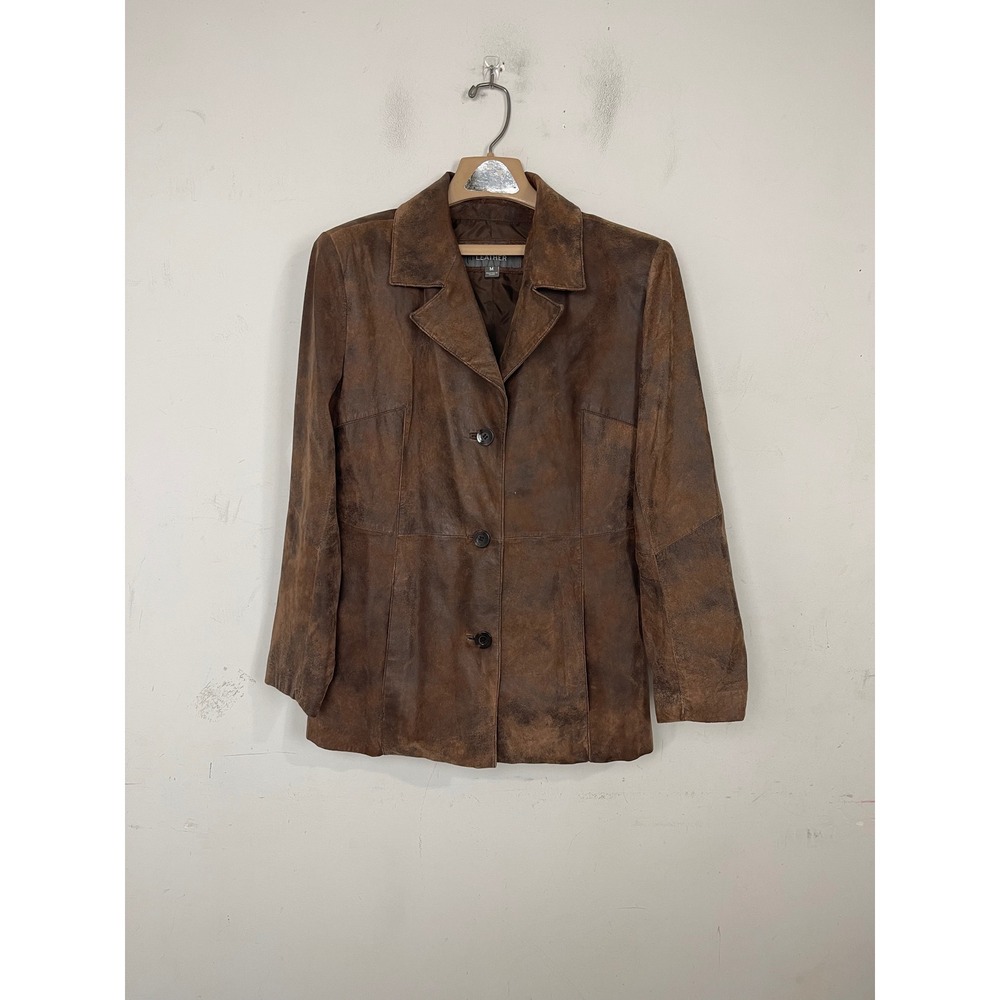 Wilsons Leather Brown Distressed Blazer Jacket Womens Medium‎ 3 Button RN 69426
